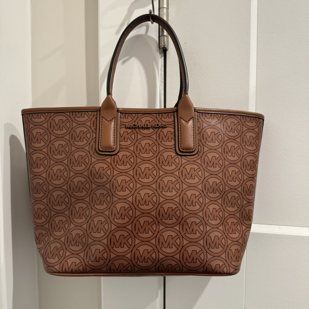 NWT MICHAEL KORS JODIE SMALL LOGO JACQUARD TOTE BAG 35H1T2JT1C LUGGAGE BROWN